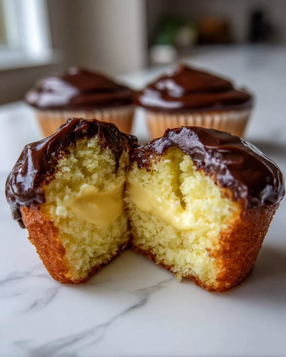 A boston cream pie cupcake cut in half showing vanilla cake, pastry cream filling, and chocolate ganache topping.