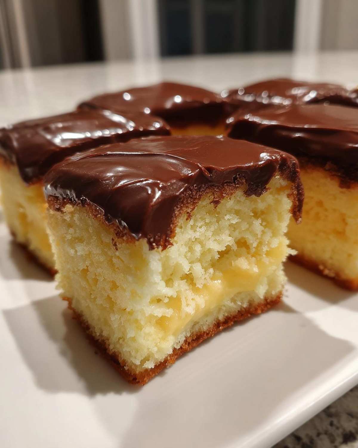 Close-up of a square piece of boston cream pie cupcakes showing vanilla cake, pastry cream filling, and chocolate ganache topping.