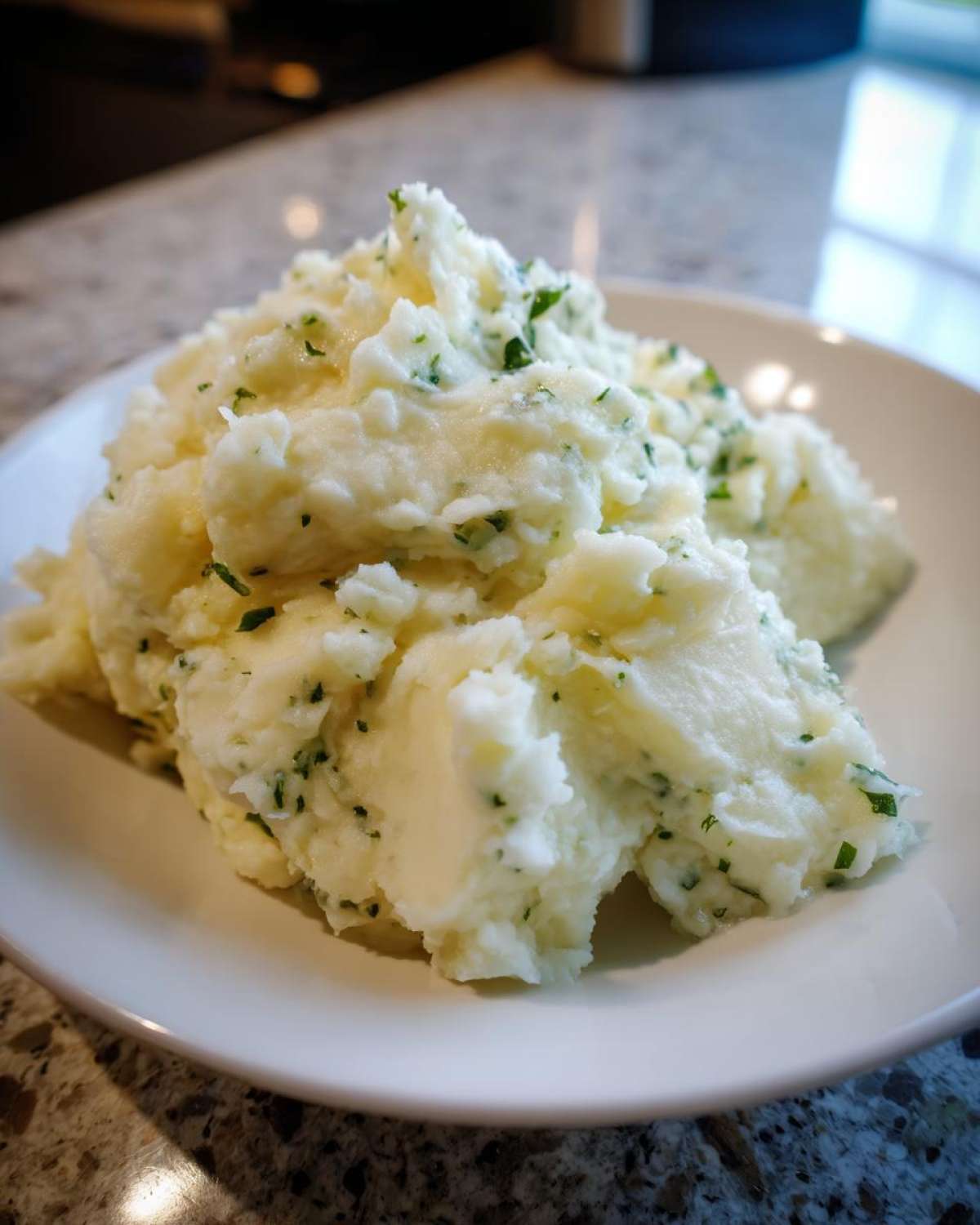 A generous serving of creamy Boursin mashed potatoes mixed with chopped green herbs on a white plate.