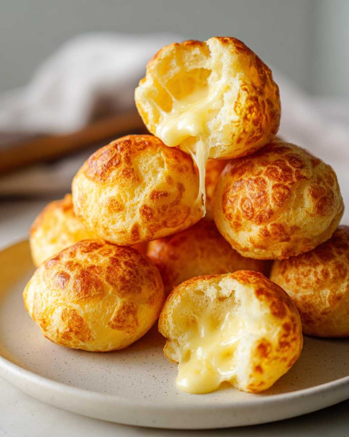 A stack of golden brown brazilian cheese bread puffs with one broken open showing melted cheese stretching out.