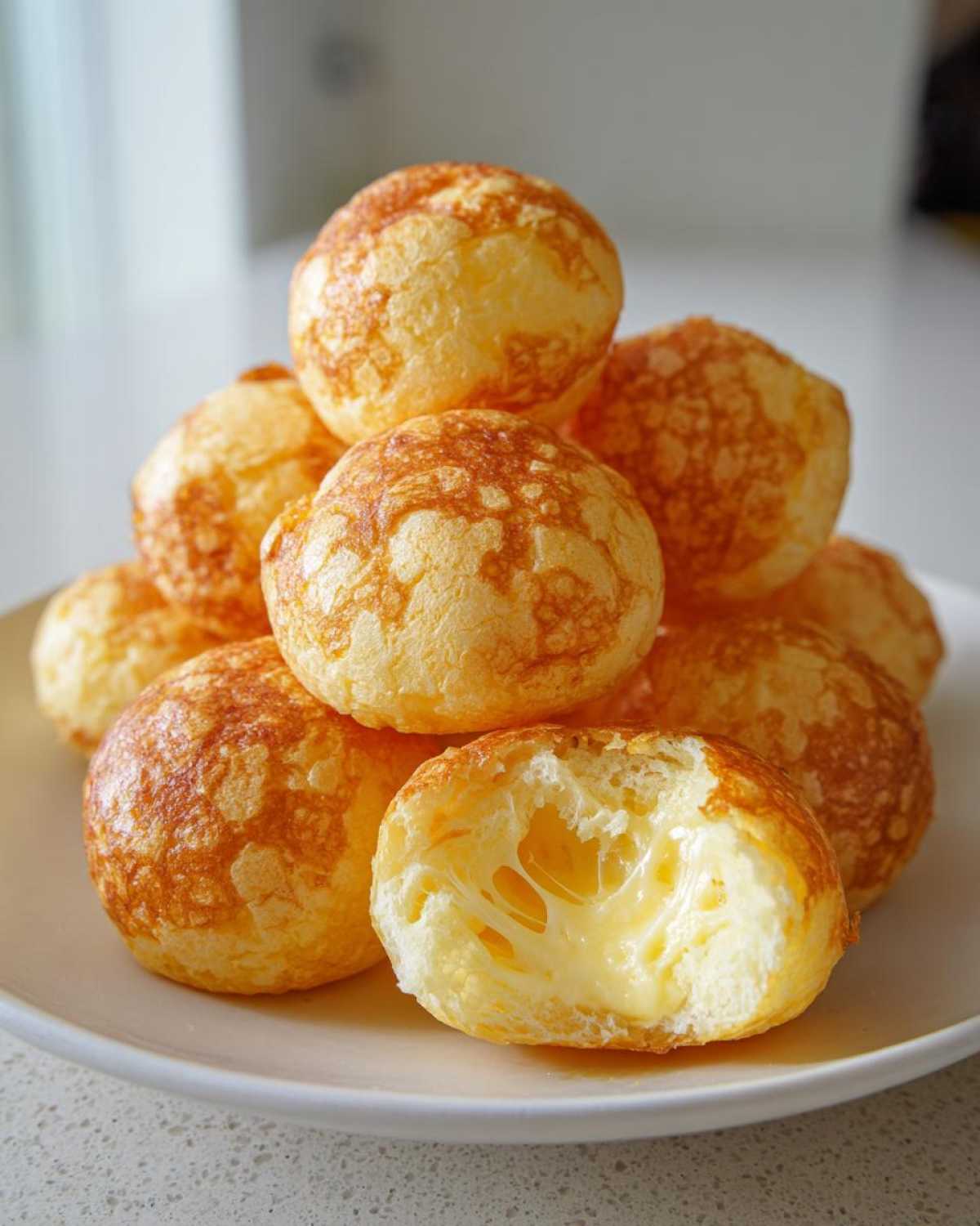 A stack of golden brown brazilian cheese bread puffs with one broken open showing gooey melted cheese inside.