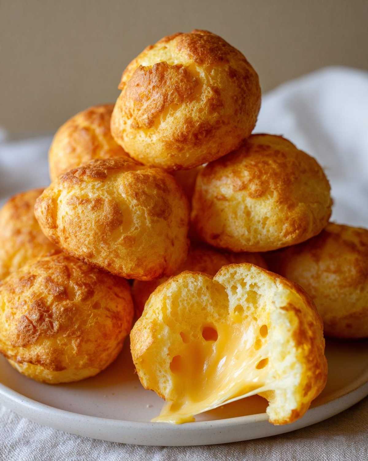 A stack of golden-brown brazilian cheese bread, with one broken open revealing gooey, melted cheese inside.