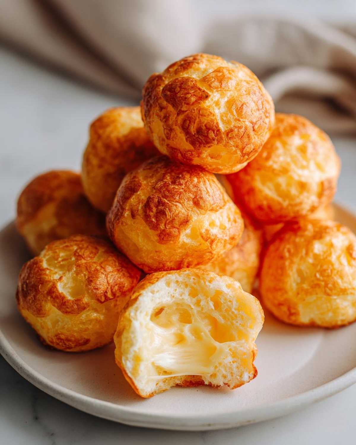 Close-up of golden baked brazilian cheese bread puffs piled on a plate, one broken open showing gooey melted cheese inside.