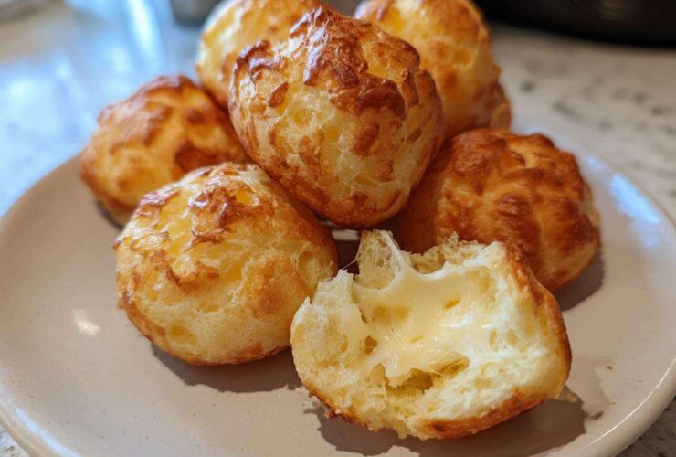 A pile of golden-brown brazilian cheese bread puffs on a plate, one broken open showing the soft, cheesy interior.