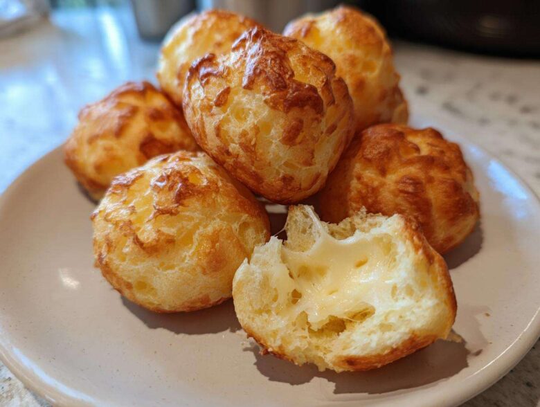 A pile of golden-brown brazilian cheese bread puffs on a plate, one broken open showing the soft, cheesy interior.