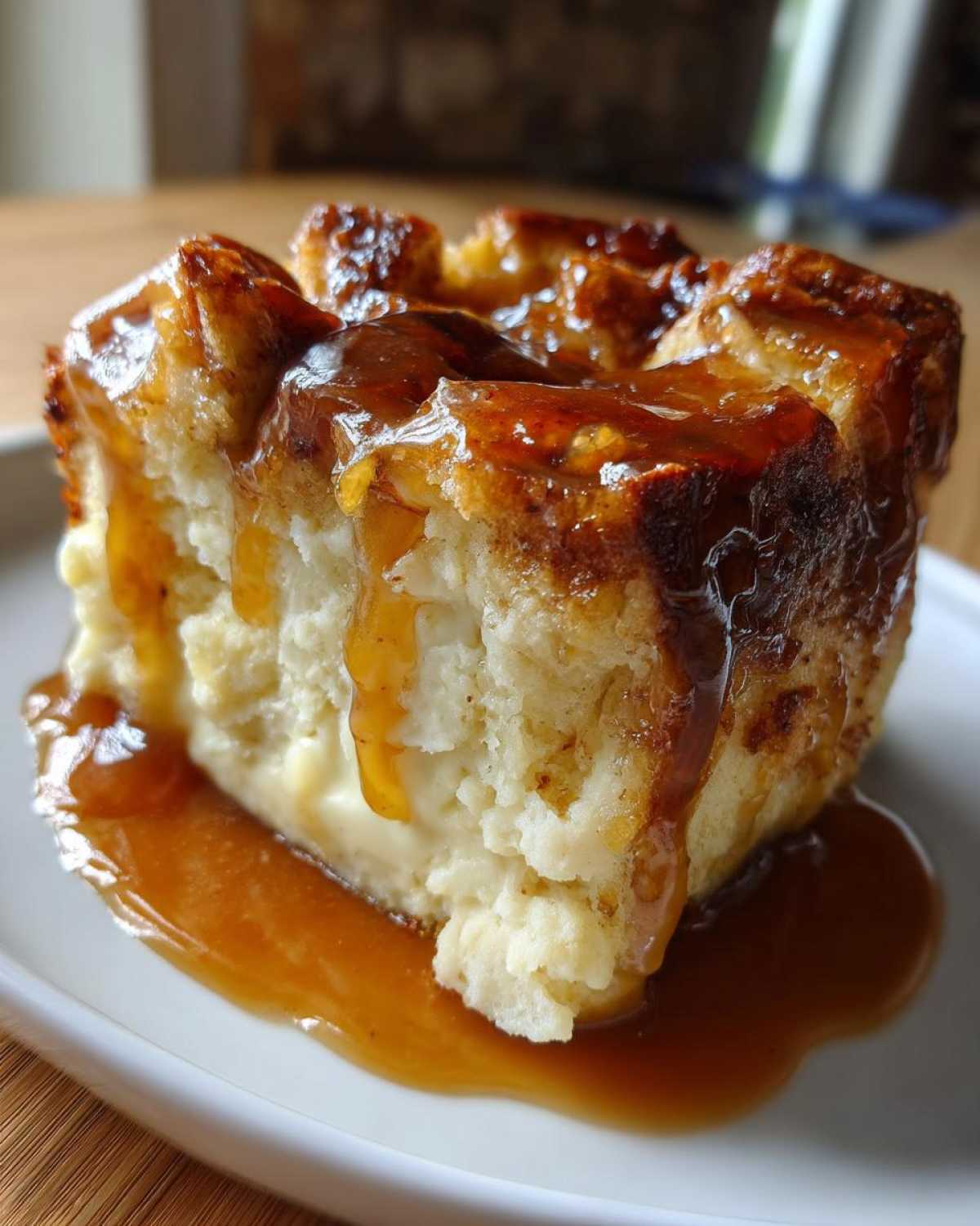 A close-up of a square serving of bread pudding with bourbon sauce generously drizzled over the top.