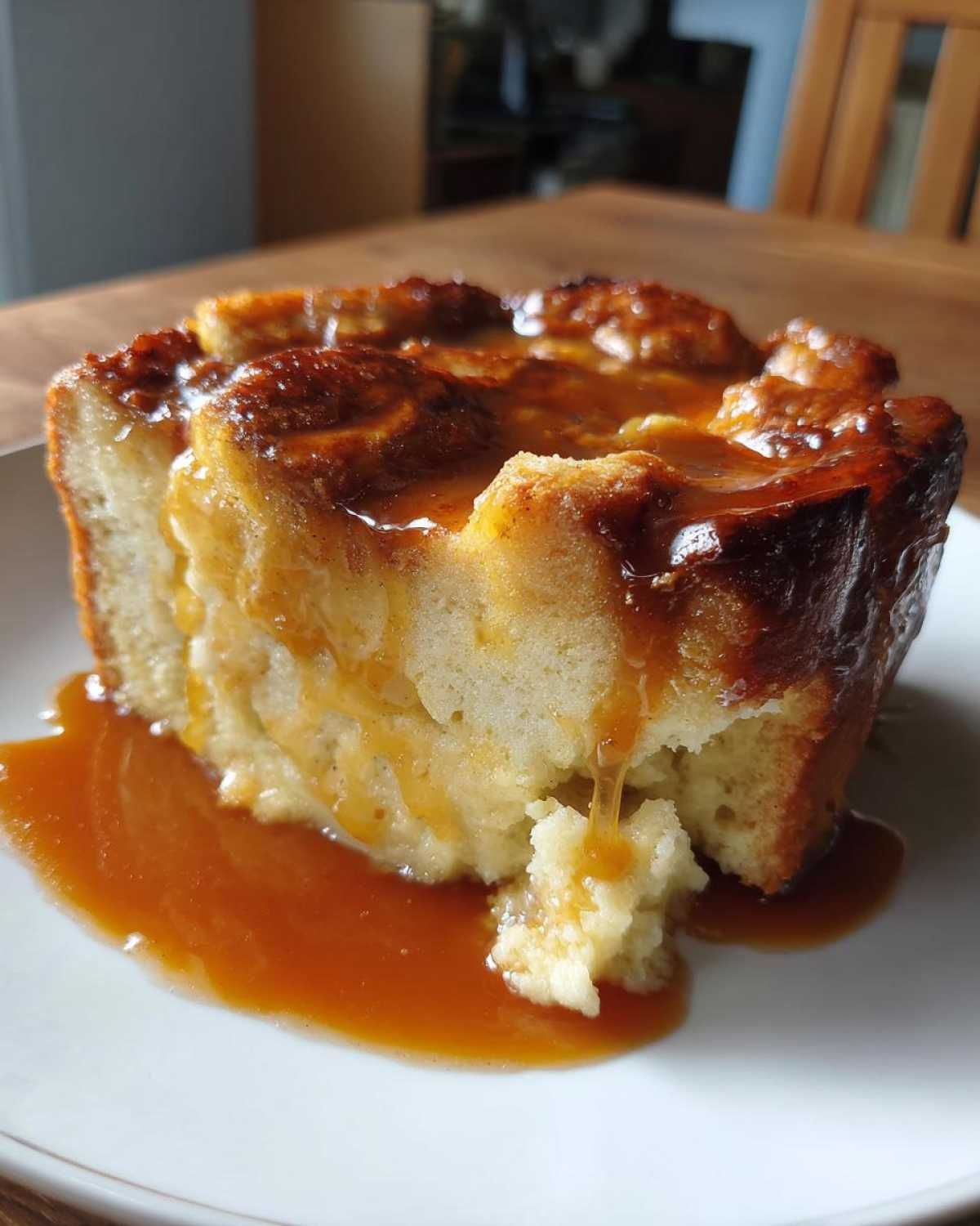 A close-up of a serving of bread pudding with bourbon sauce generously drizzled over the top and pooling on the white plate.