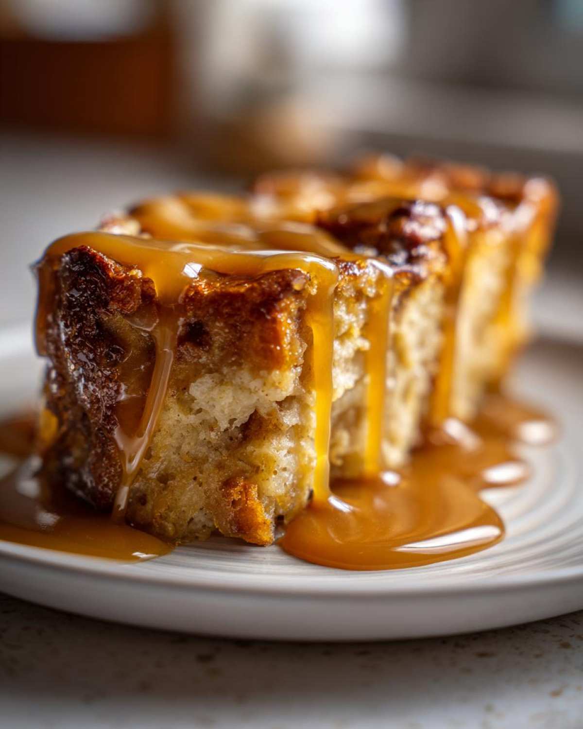 Close-up of a thick slice of bread pudding with bourbon sauce generously drizzled over the top.