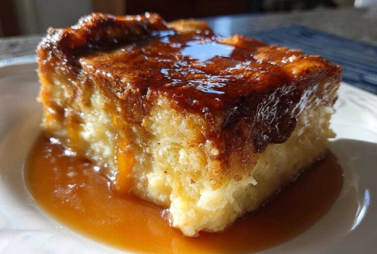 A close-up of a moist slice of bread pudding with bourbon sauce drizzled generously over the top.