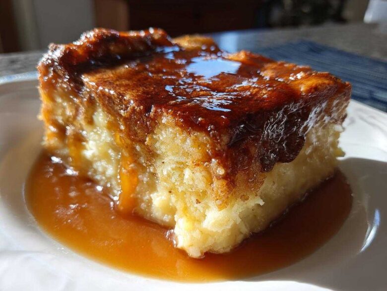 A close-up of a moist slice of bread pudding with bourbon sauce drizzled generously over the top.