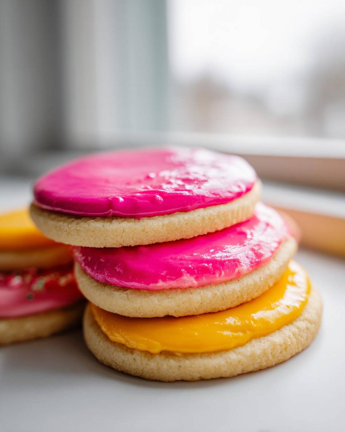 Close-up of stacked sugar cookies topped with vibrant pink and yellow sugar cookie icing recipe frosting.
