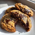 Close-up of gooey brown butter chocolate chip cookies, one broken open showing melted chocolate and sea salt.