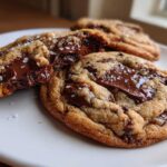 Close-up of gooey brown butter chocolate chip cookies, one broken open to show melted chocolate, topped with flaky sea salt.