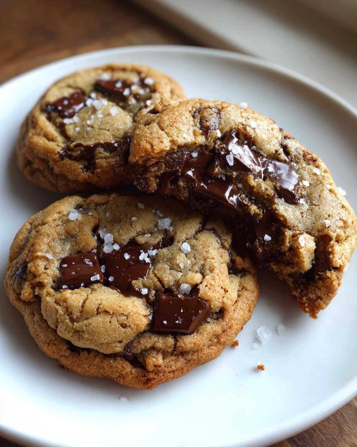 Three rich brown butter chocolate chip cookies on a white plate, one broken open showing melted chocolate.