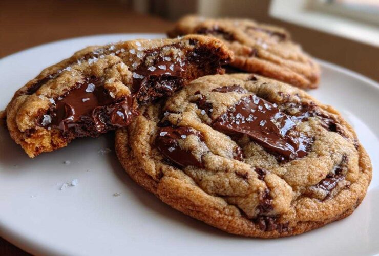 Close-up of gooey brown butter chocolate chip cookies, one broken open to show melted chocolate, topped with flaky sea salt.