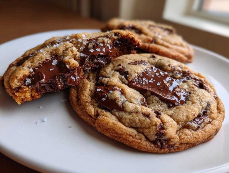 Close-up of gooey brown butter chocolate chip cookies, one broken open to show melted chocolate, topped with flaky sea salt.