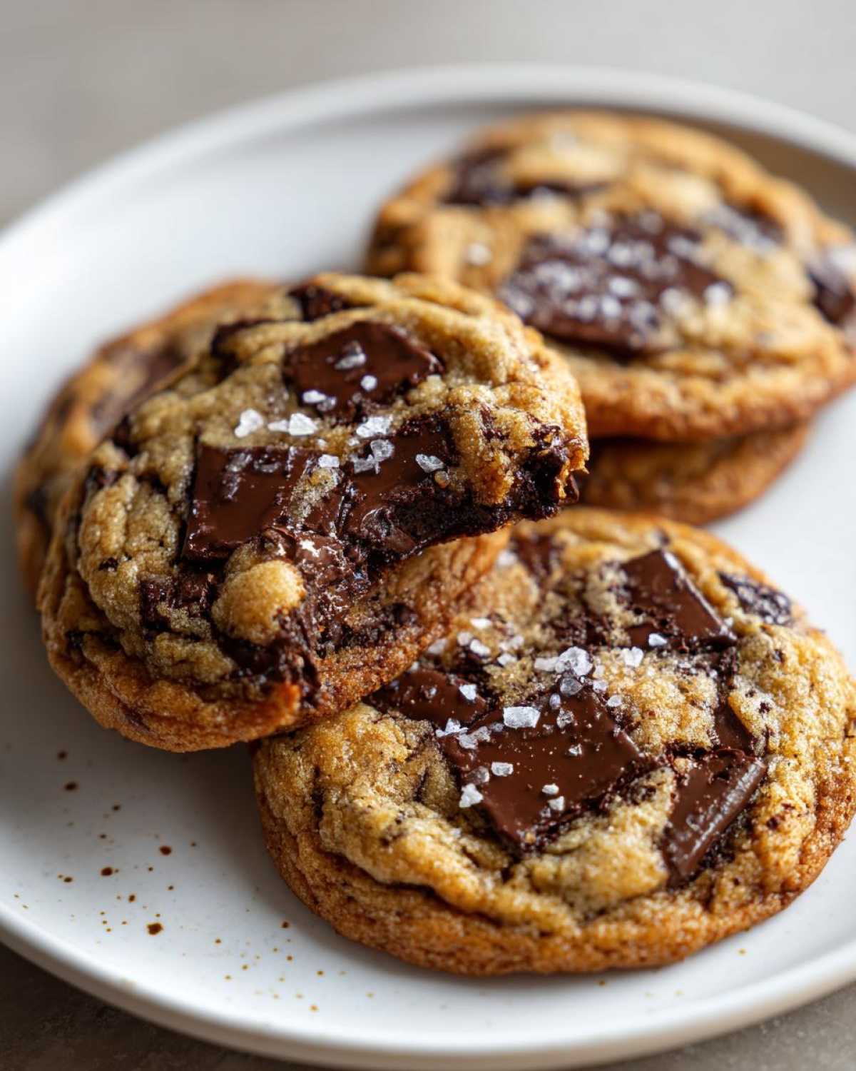 Close-up of gooey brown butter chocolate chip cookies topped with melted chocolate chunks and flaky sea salt.