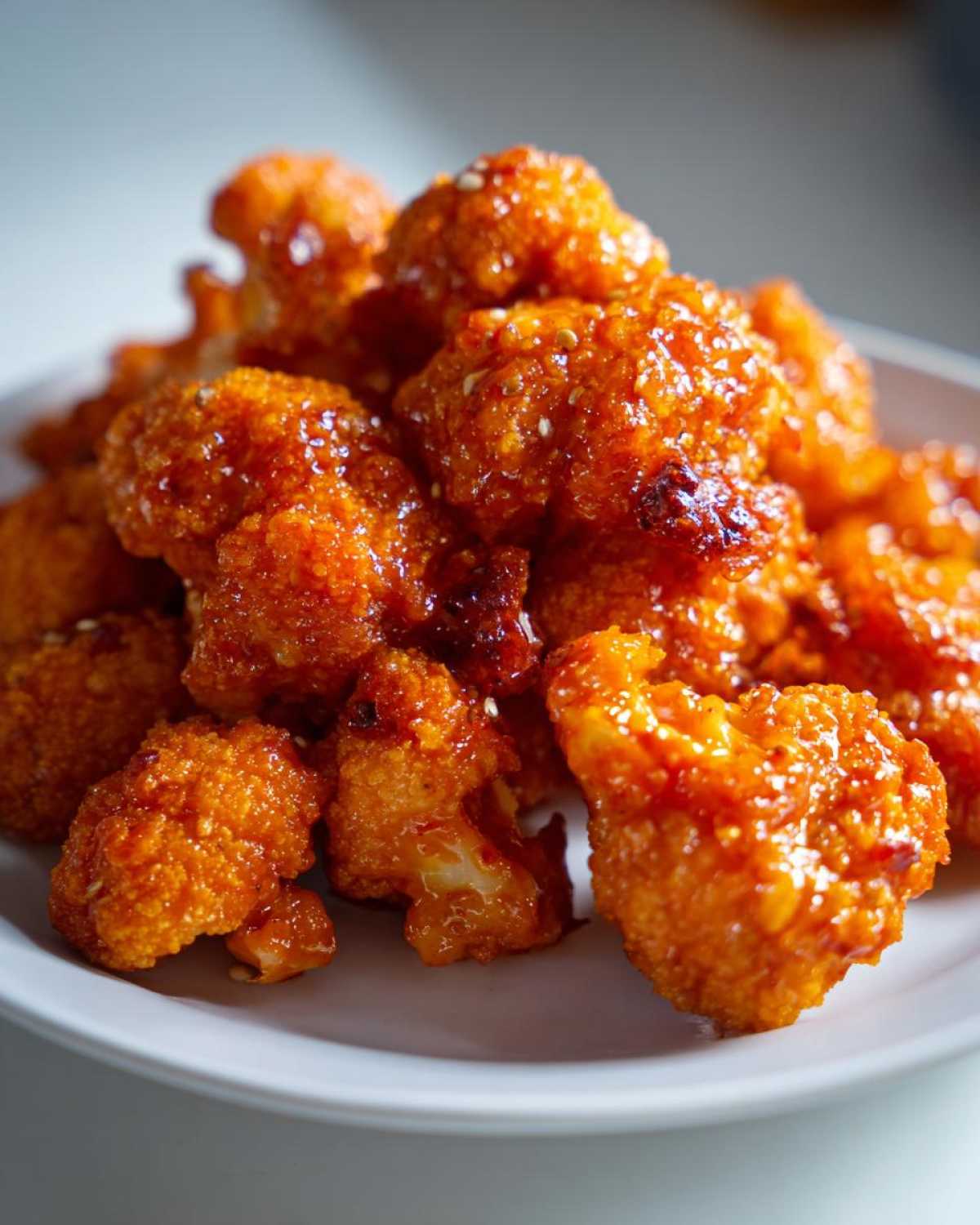 A pile of crispy, bright orange, glazed buffalo cauliflower bites sprinkled with sesame seeds on a white plate.