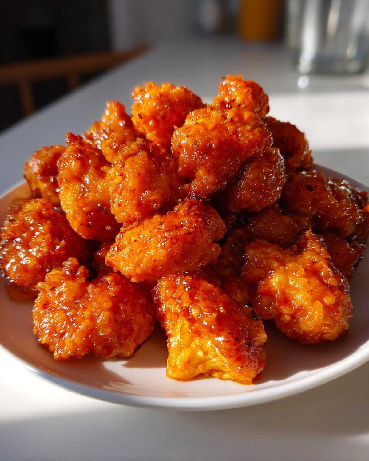 A close-up of crispy, orange-glazed buffalo cauliflower bites piled high on a white plate.