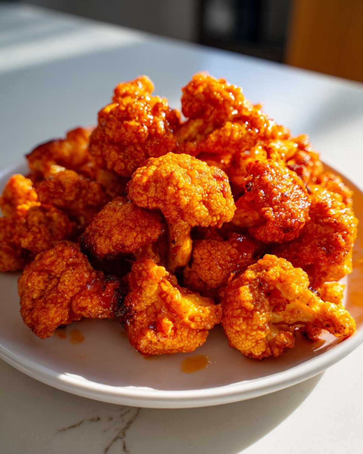 A pile of bright orange, saucy buffalo cauliflower bites served on a white plate.