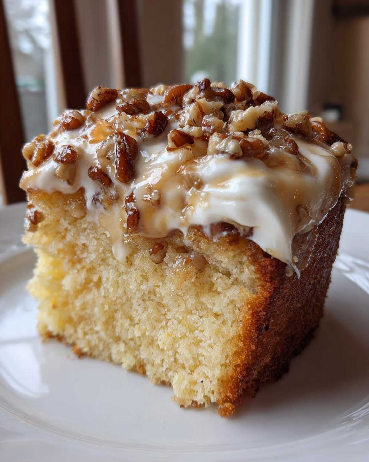 Close-up of a moist slice of butter pecan praline poke cake topped with white frosting and chopped pecans.