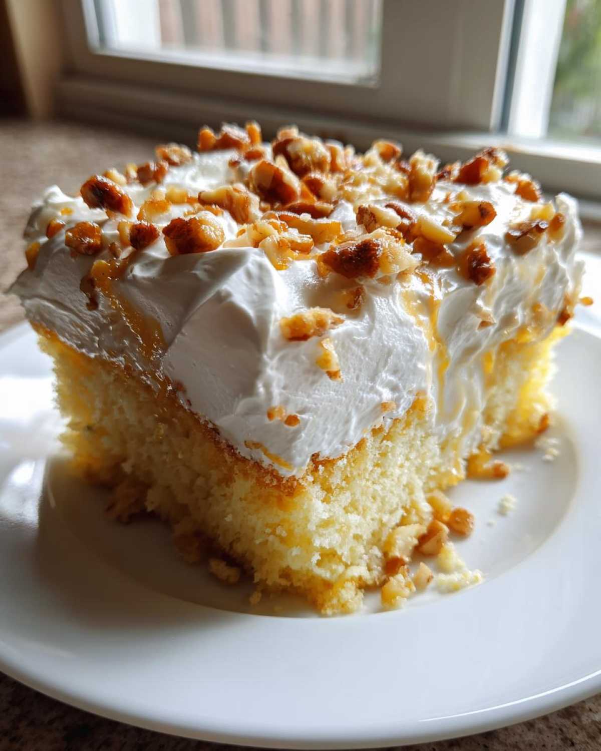 A close-up of a moist slice of butter pecan praline poke cake topped with whipped cream and candied pecans.
