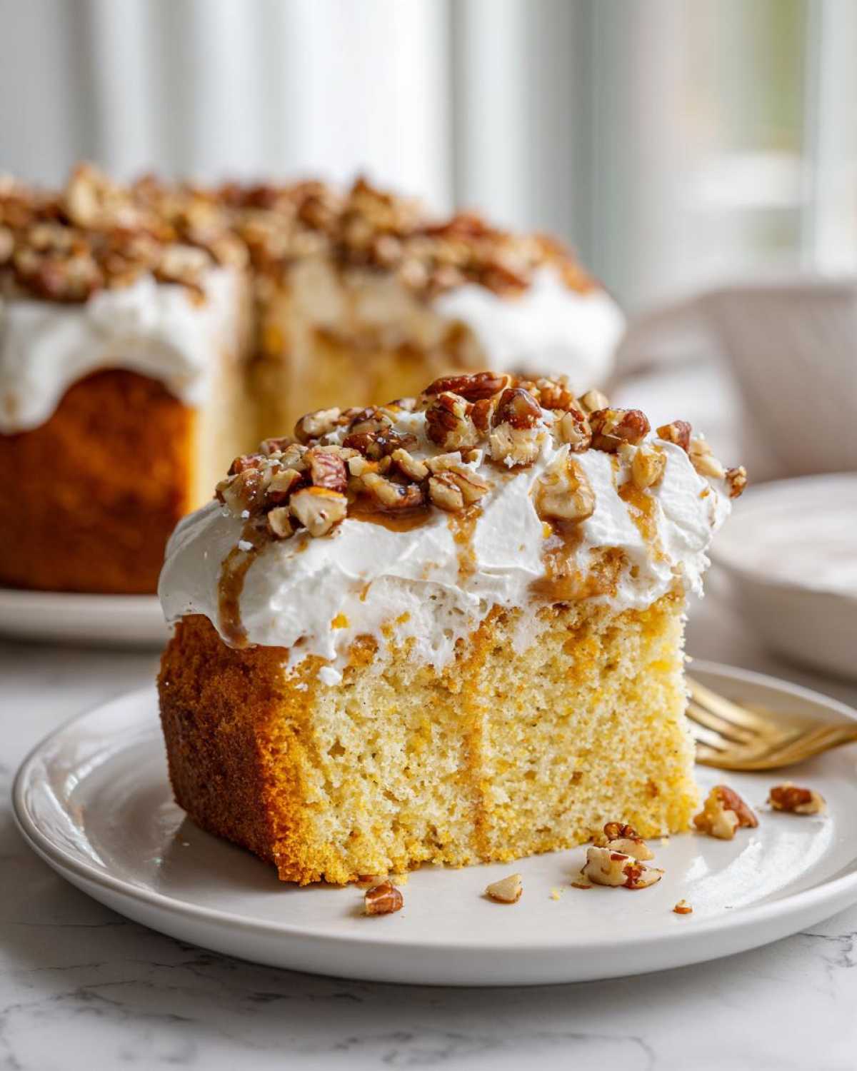 A slice of moist butter pecan praline poke cake topped with whipped cream and candied pecans.