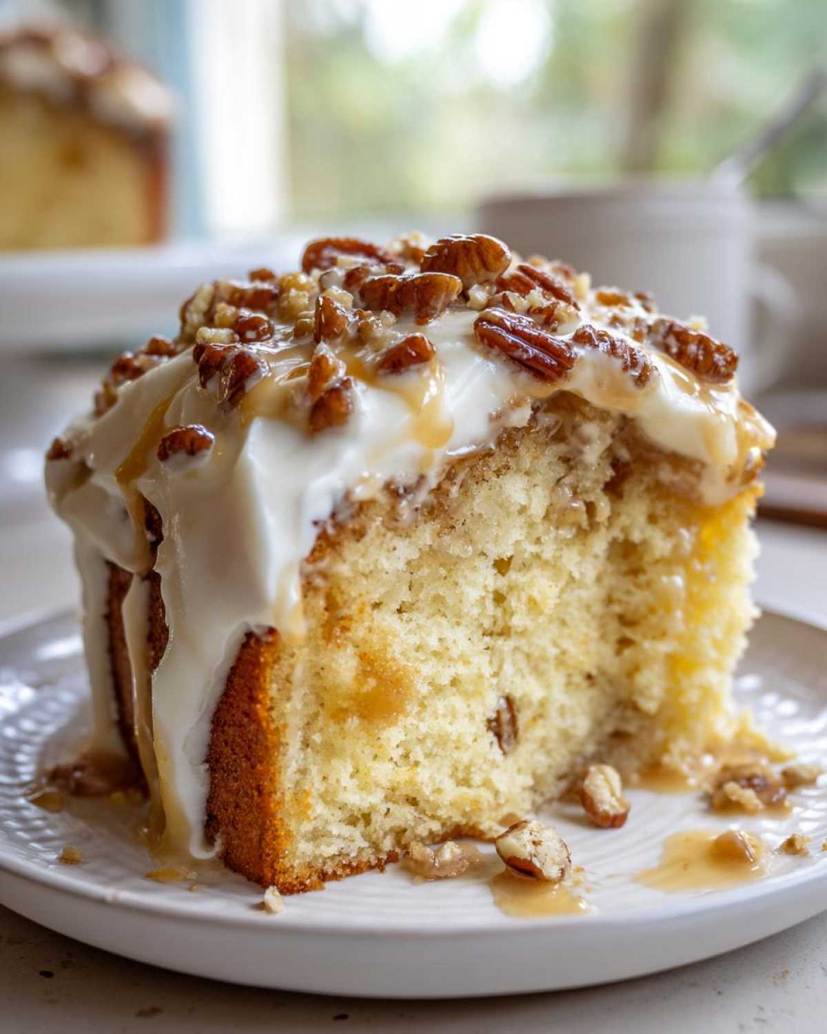 Close-up of a moist slice of butter pecan praline poke cake topped with white frosting and pecans.