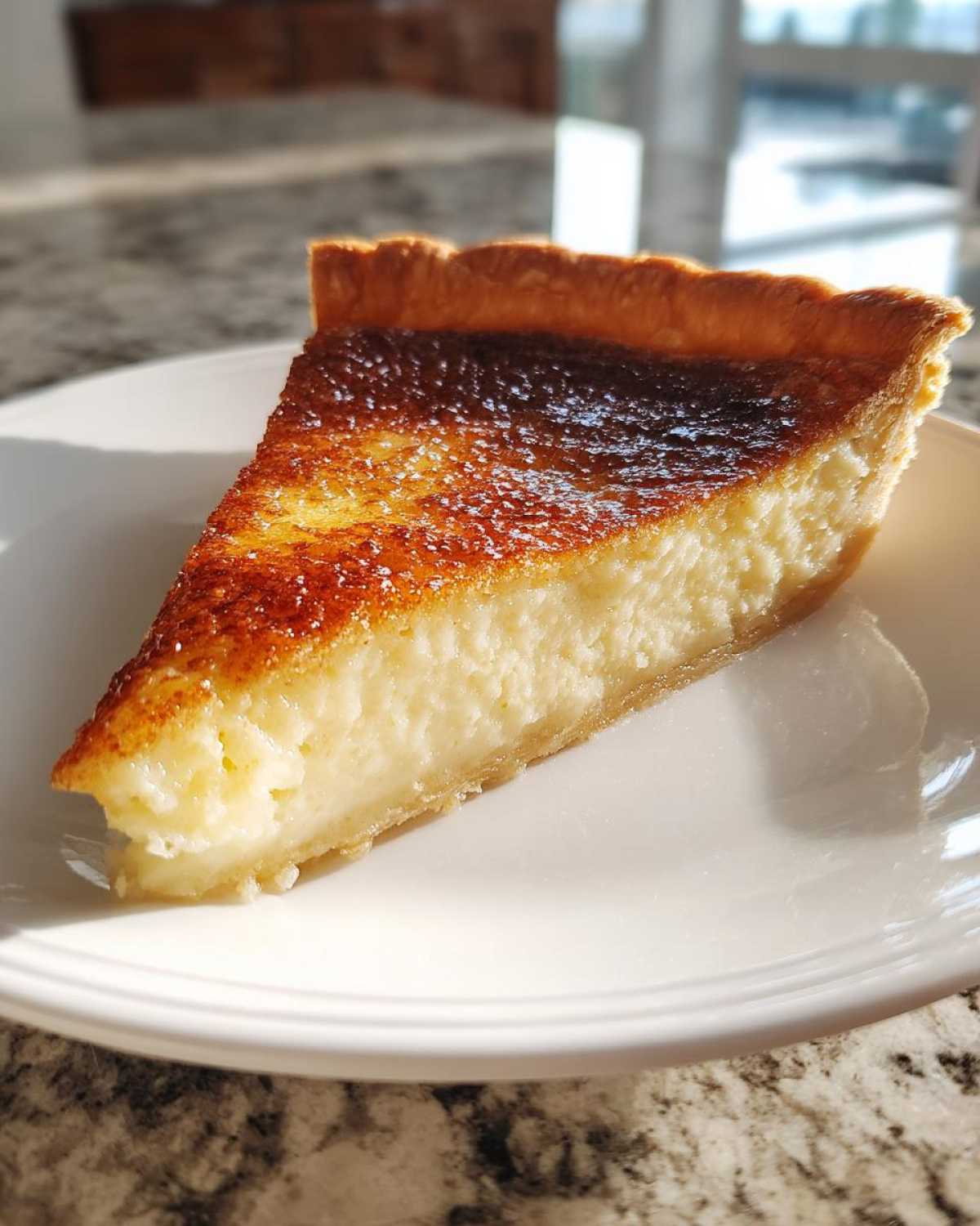 A golden-brown slice of creamy buttermilk pie resting on a white plate in bright sunlight.
