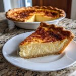 A close-up slice of creamy buttermilk pie with a golden-brown top sits on a white plate, with the rest of the buttermilk pie in the background.