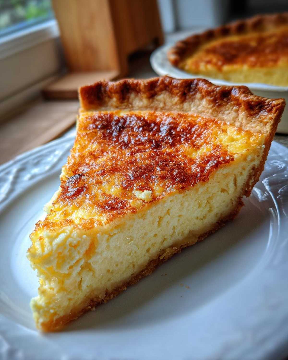 Close-up of a thick slice of buttermilk pie on a white plate, showing a creamy interior and a deeply caramelized top.