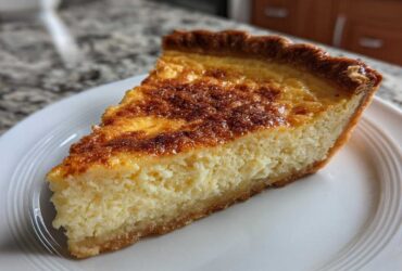 A close-up of a thick slice of buttermilk pie on a white plate, showing its creamy texture and caramelized top.