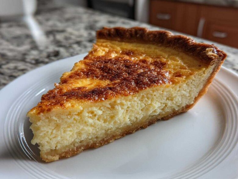 A close-up of a thick slice of buttermilk pie on a white plate, showing its creamy texture and caramelized top.