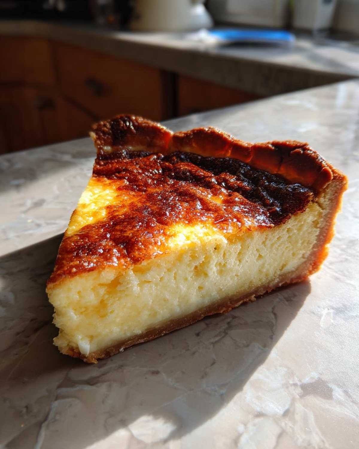 A close-up slice of buttermilk pie showing a creamy yellow filling and a deeply browned, caramelized top crust.