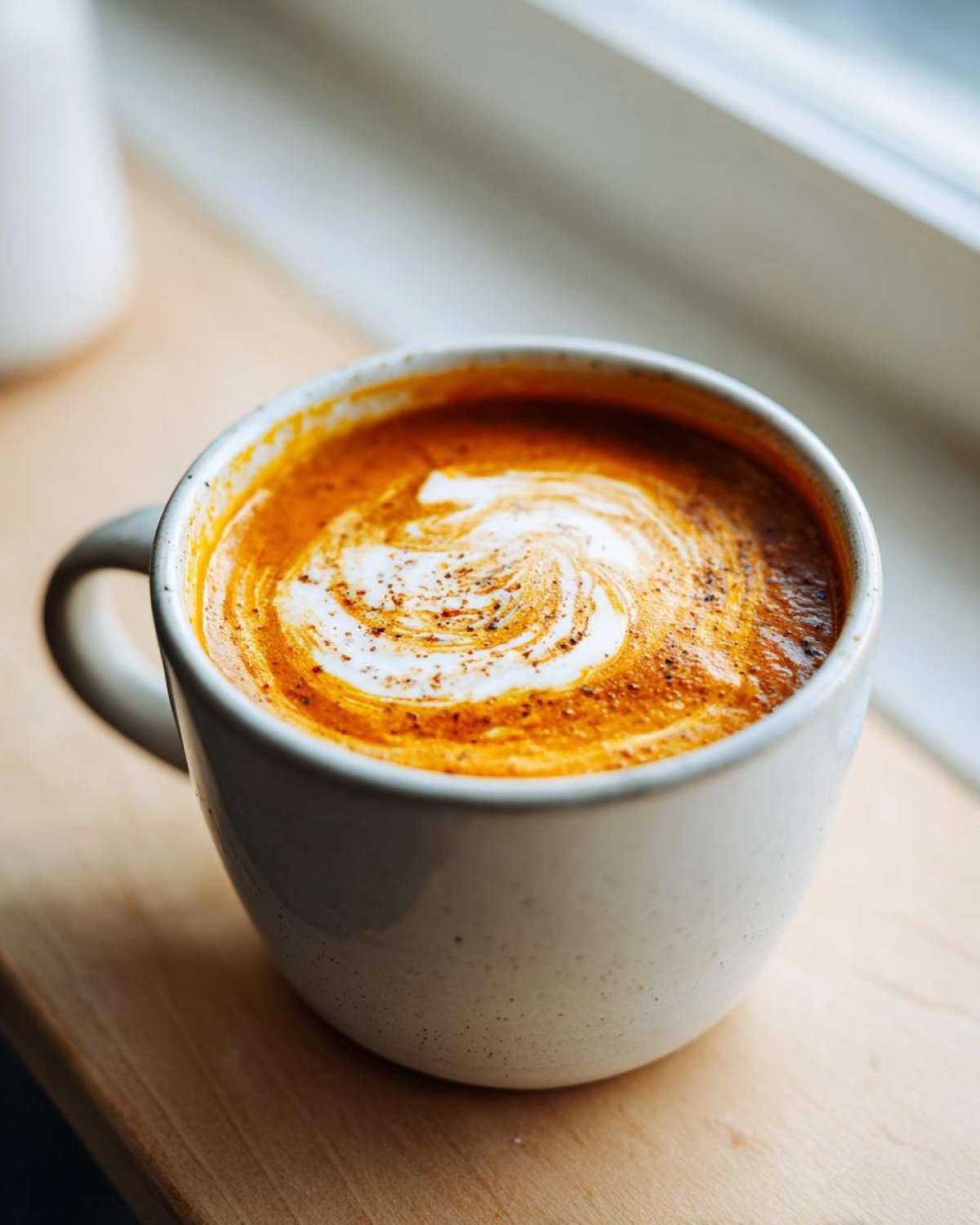 Close-up of creamy butternut squash soup topped with a swirl of cream and spices in a speckled mug.