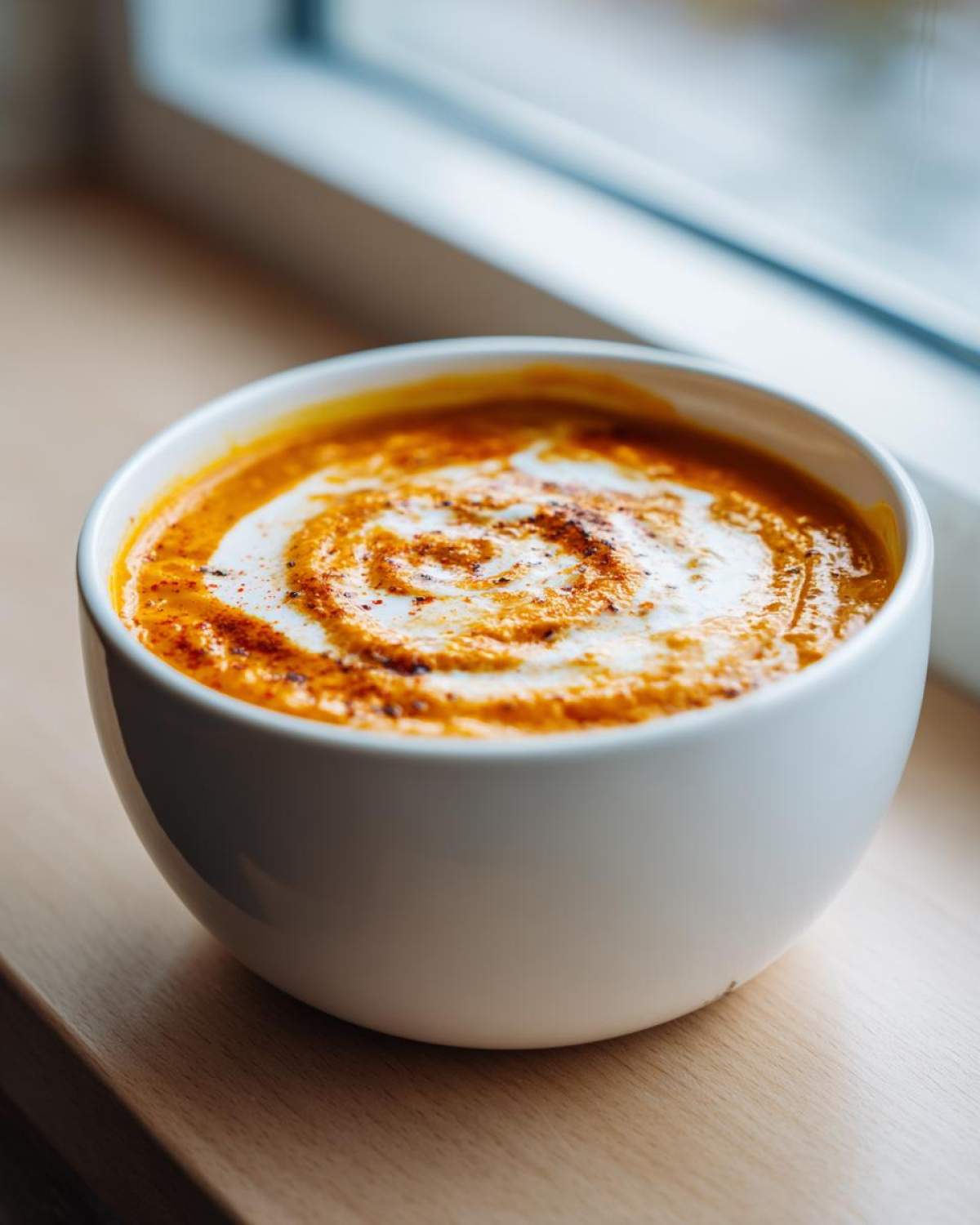Close-up of creamy butternut squash soup topped with a swirl of cream and a sprinkle of spice.
