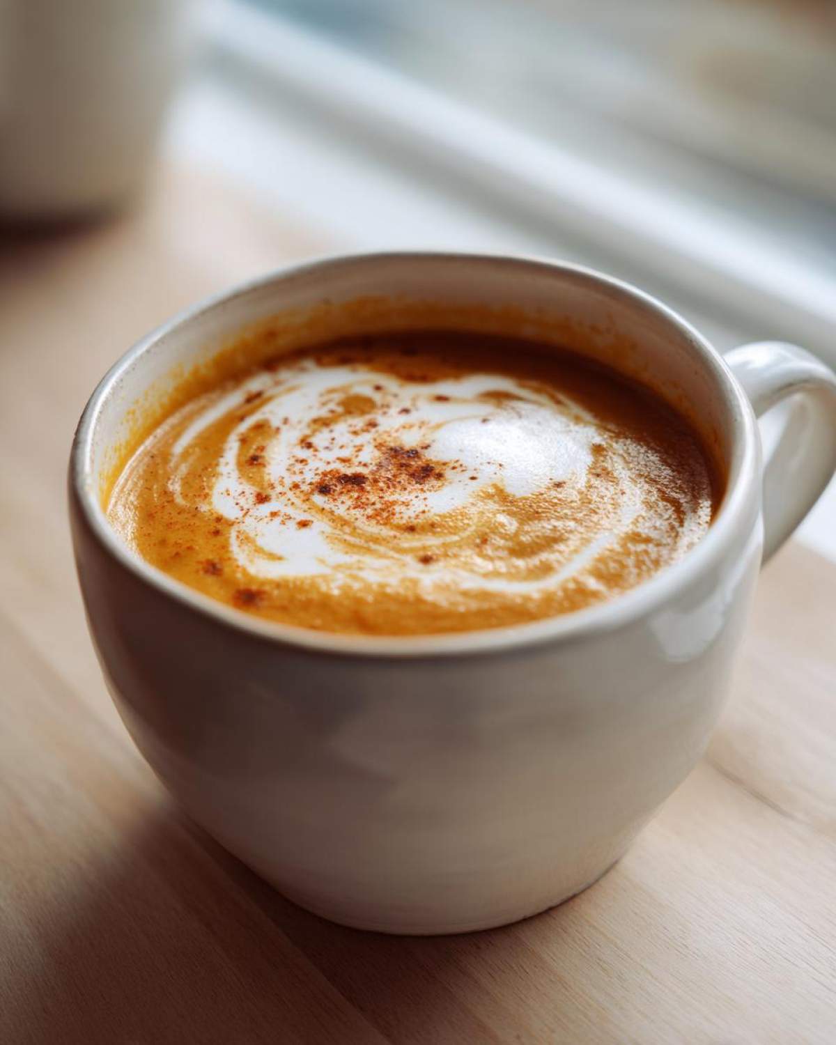 A close-up of rich, orange butternut squash soup topped with cream swirl and spice in a white mug.