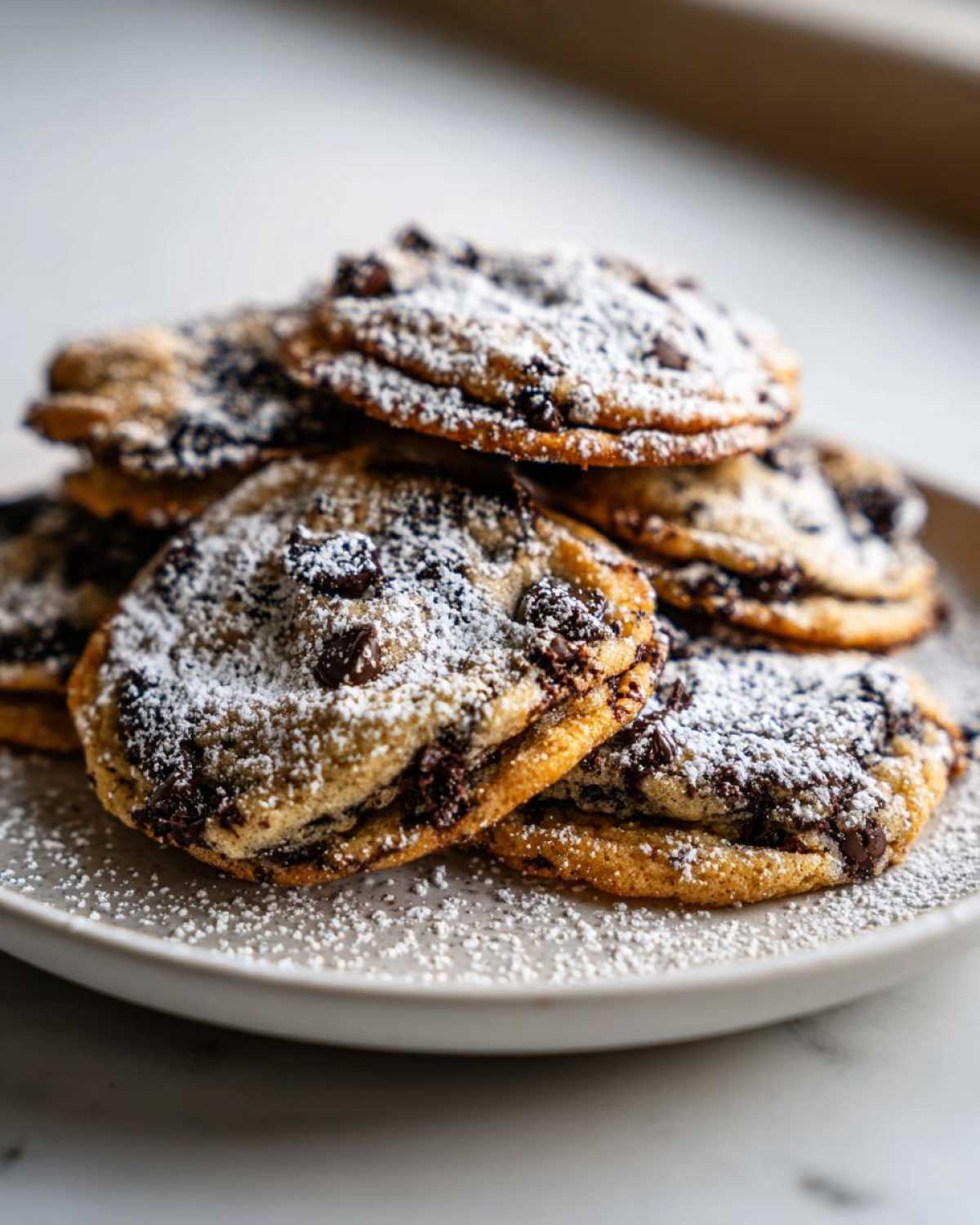 A close-up stack of freshly baked cannoli cookies generously dusted with powdered sugar.