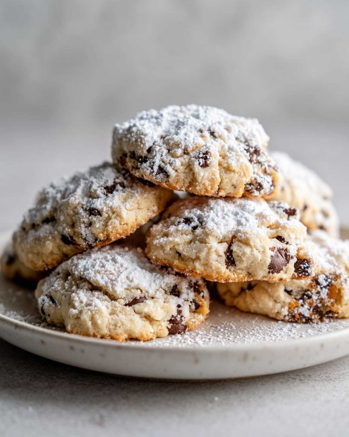 A close-up stack of freshly baked cannoli cookies generously dusted with powdered sugar on a speckled plate.