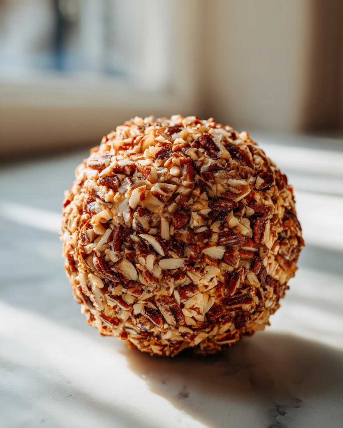 A close-up of a round cheese ball recipe coated entirely in chopped pecans or mixed nuts.