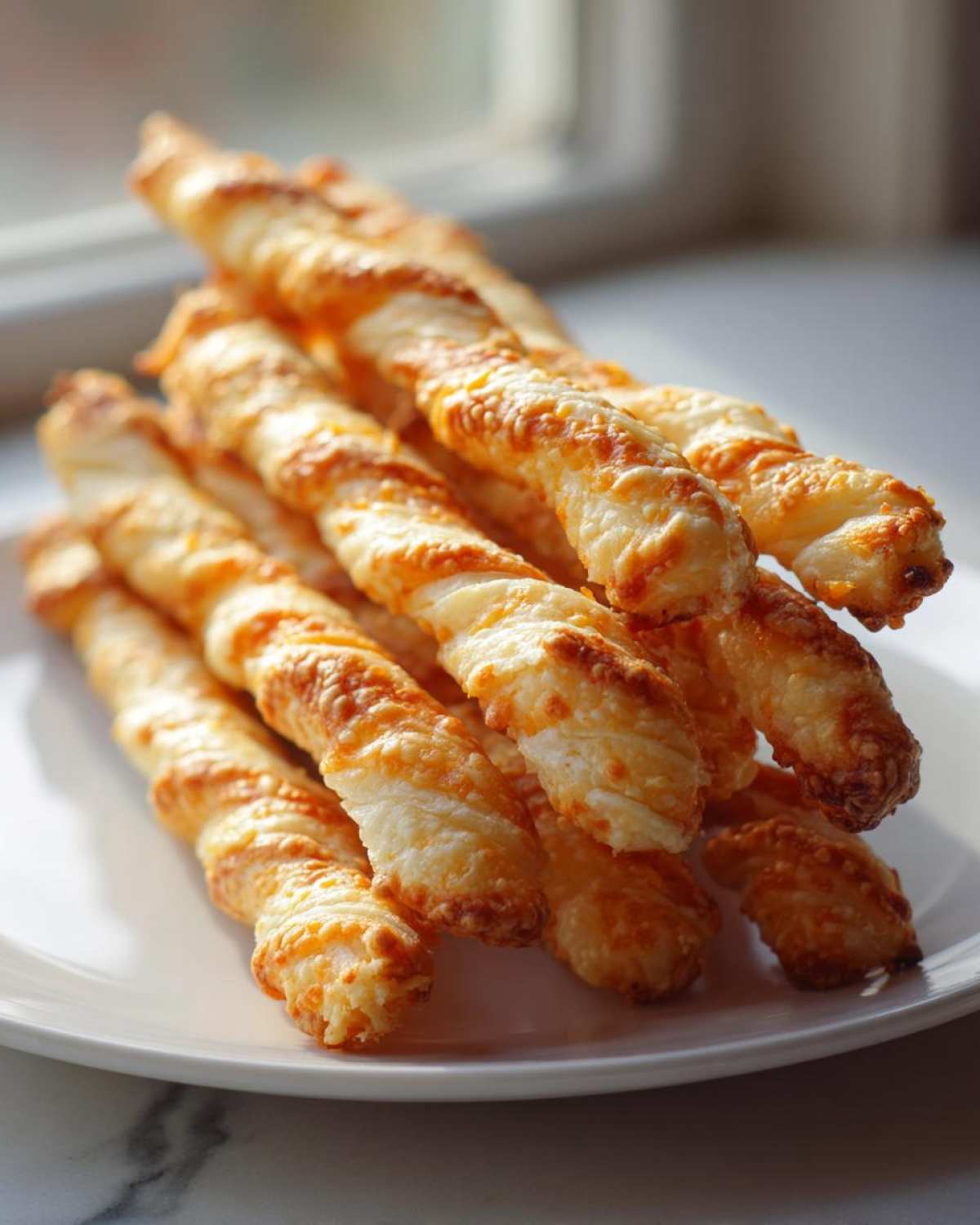 A stack of golden brown, flaky cheese straws recipe twists piled high on a white plate near a window.