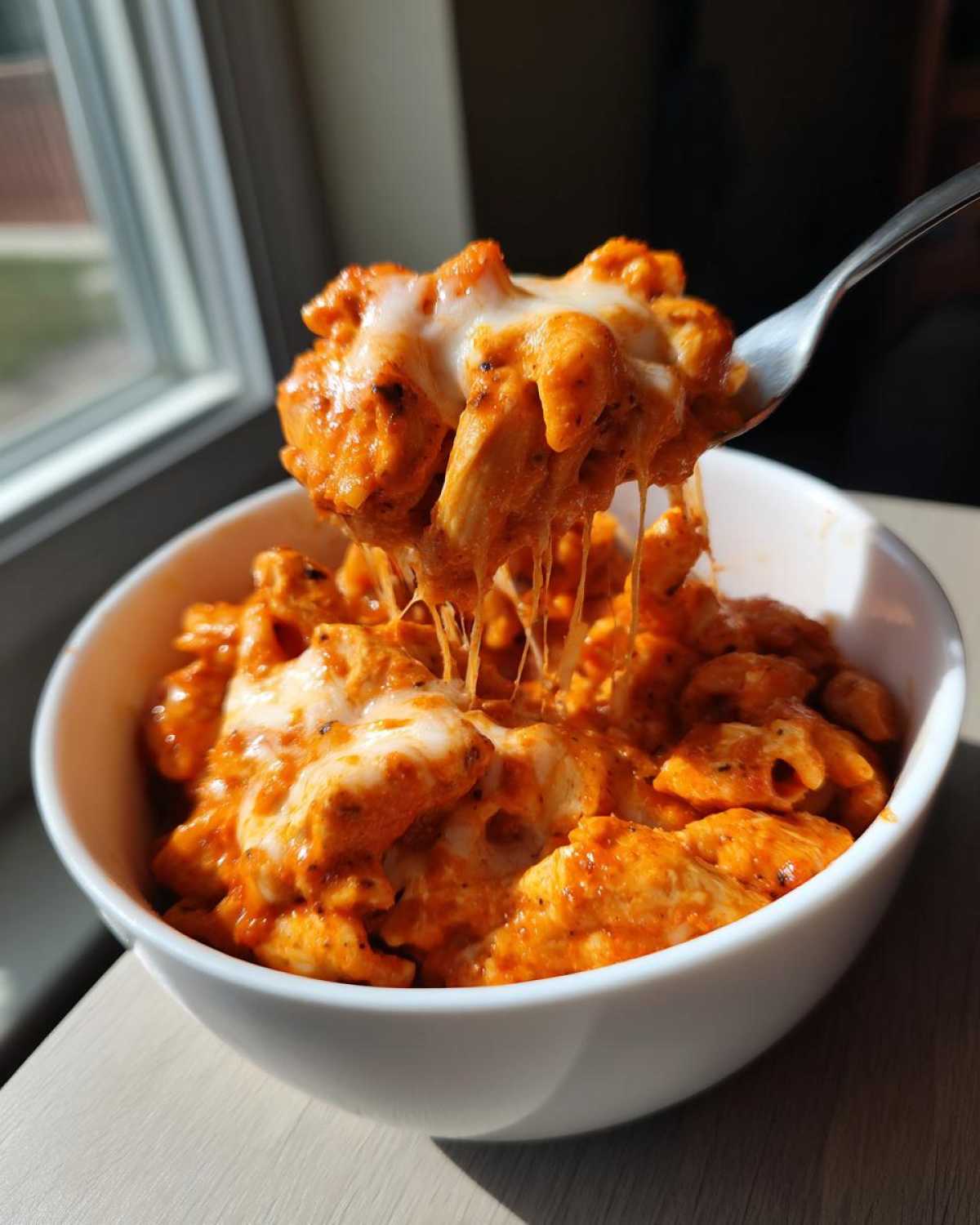 A fork lifts a cheesy, saucy bite of enchilada pasta from a white bowl near a window.