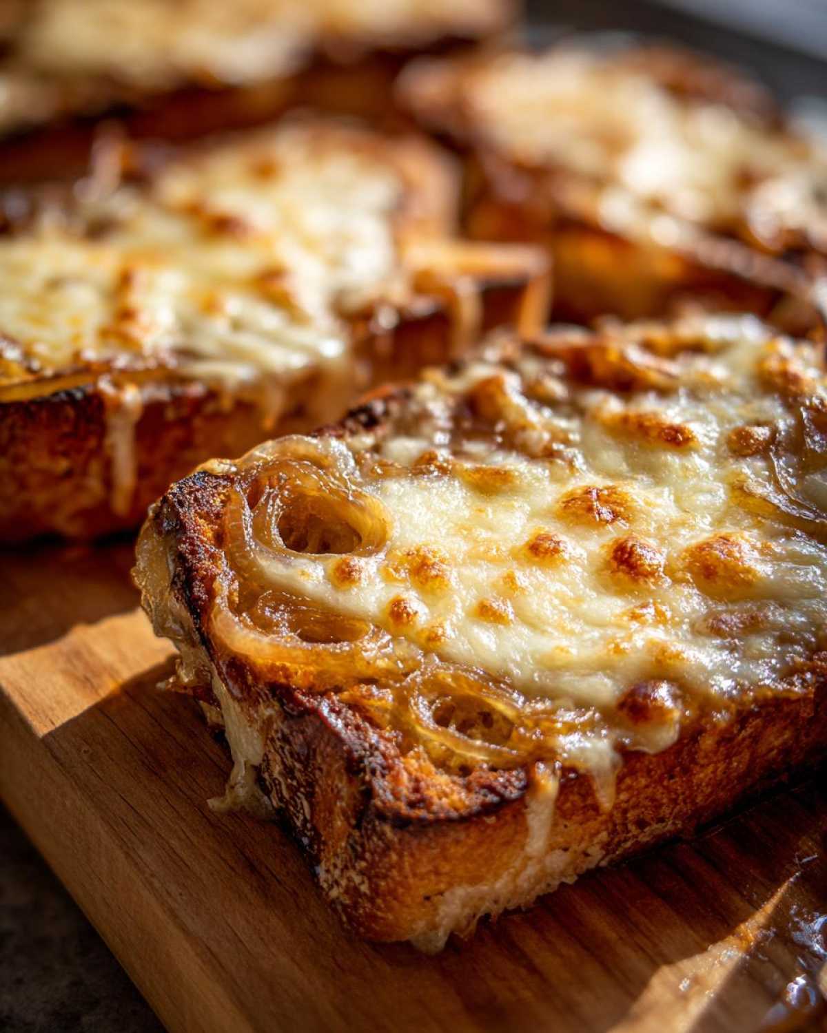 Close-up of a toasted bread slice topped with caramelized onions and melted cheese, essential for french onion soup recipe.