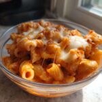 Close-up of a glass bowl filled with cheesy enchilada pasta, featuring rigatoni coated in a creamy red sauce.