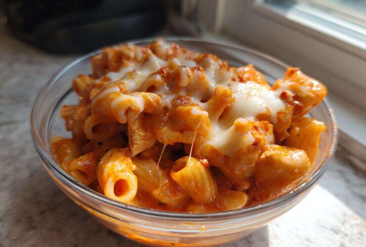 Close-up of a glass bowl filled with cheesy enchilada pasta, featuring rigatoni coated in a creamy red sauce.