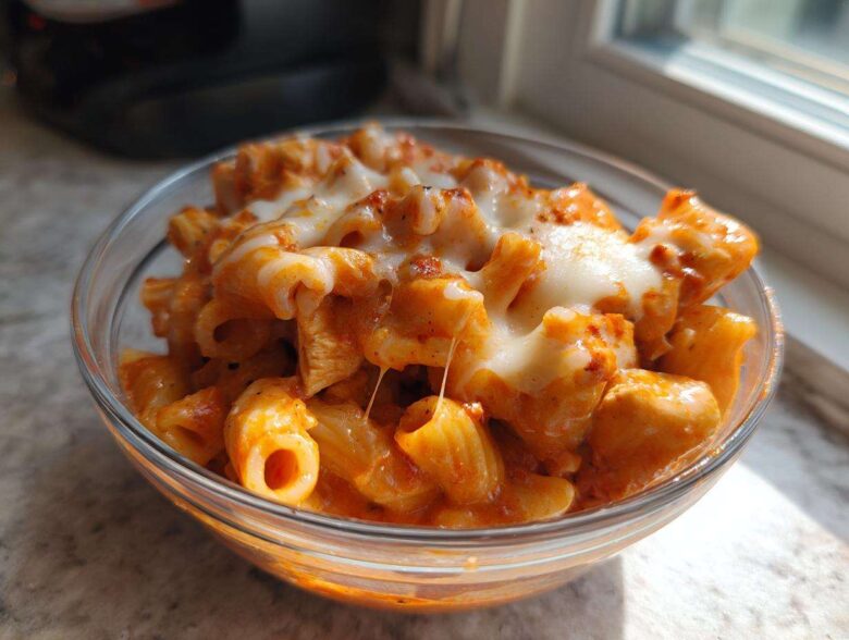 Close-up of a glass bowl filled with cheesy enchilada pasta, featuring rigatoni coated in a creamy red sauce.