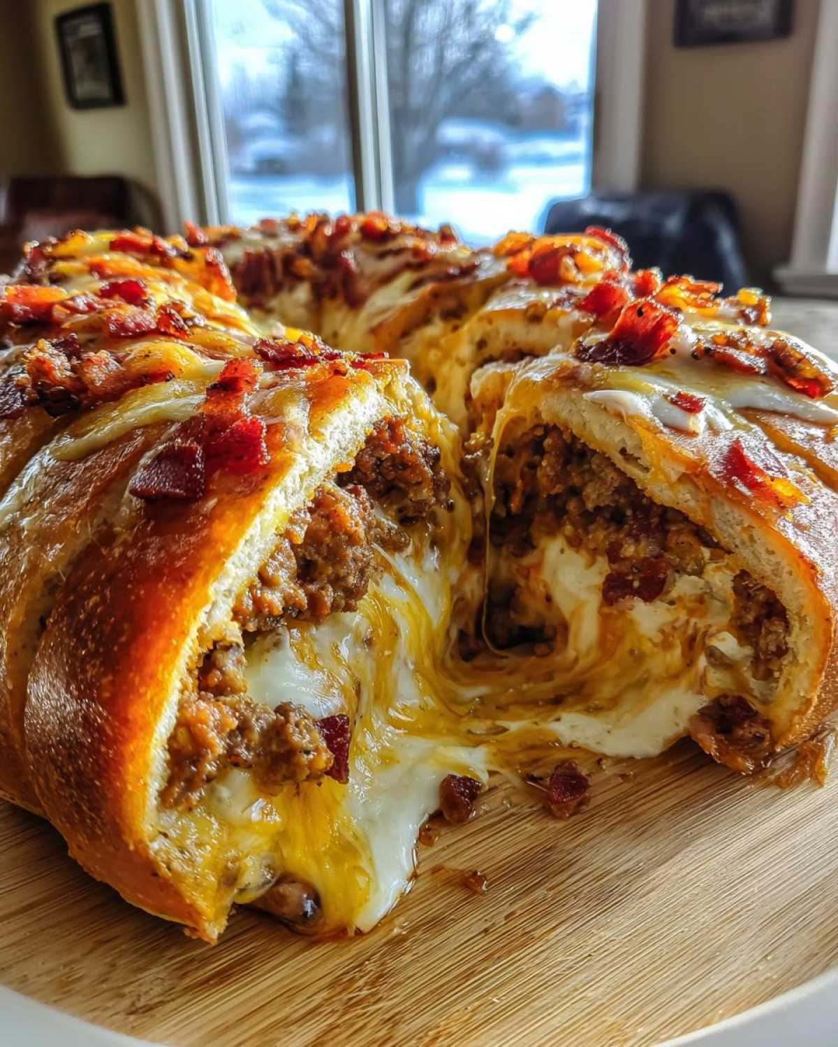 Close-up of a cross-section of baked garbage bread revealing a gooey, melted cheese and seasoned meat filling.
