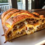 A close-up view of a slice of baked garbage bread, showing a golden crust and a gooey, meaty filling with melted cheese.