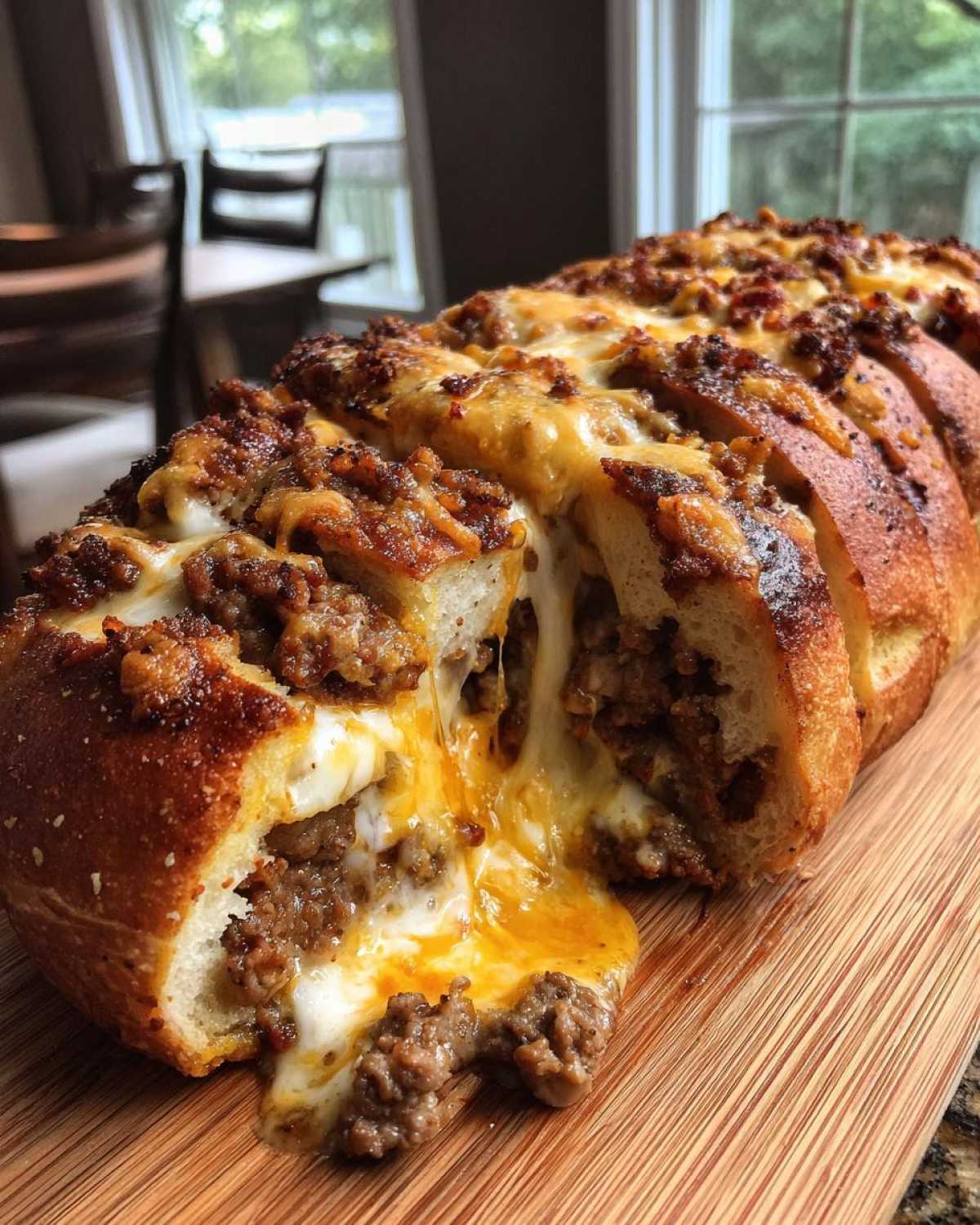 A loaf of baked garbage bread, sliced and stuffed with ground meat and melted cheese oozing out.