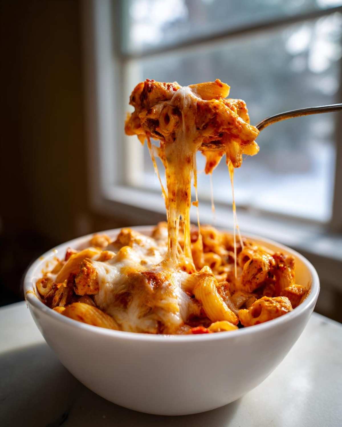 A fork lifts a cheesy, saucy bite of enchilada pasta from a white bowl, showing a dramatic cheese pull.